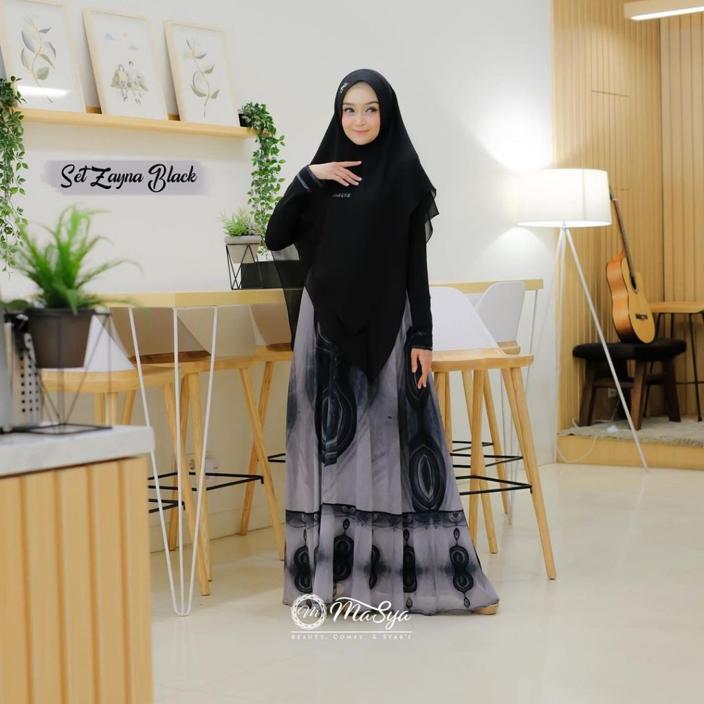 Set Gamis Dress Ceruty Babydoll Syari Branded Prinitng Black - Hitam - Abu - Hitam Mewah Masya Syari