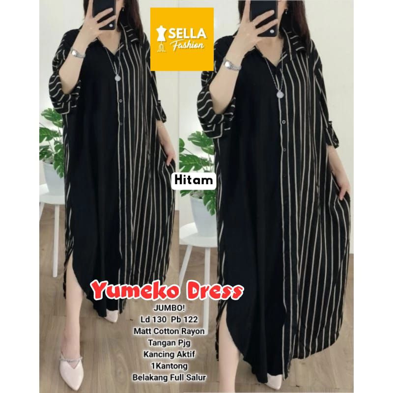 Yumeko Long Tunik Jumbo Oversize Motif Garis Salur Full Kancing Premium