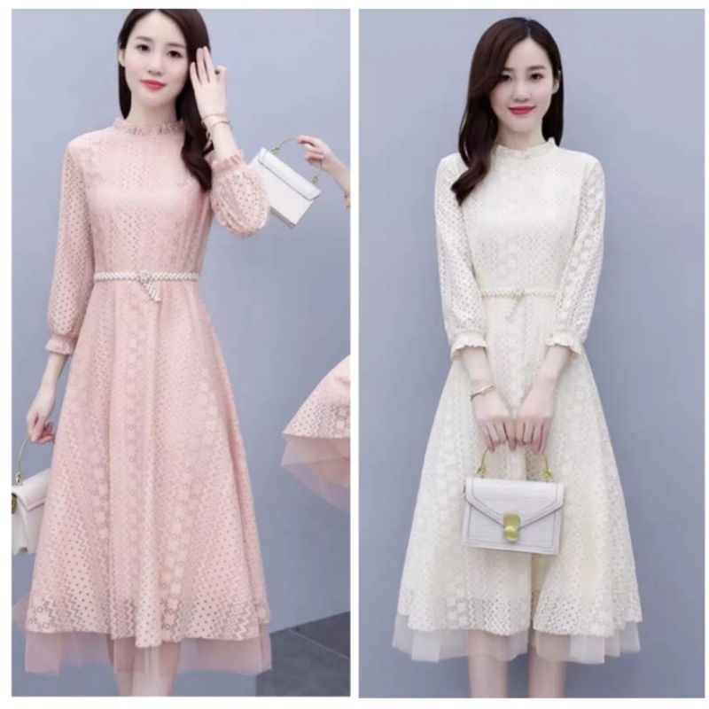Dress Tunik Premium Import Brukat Pink Cream (FCOTI1169)