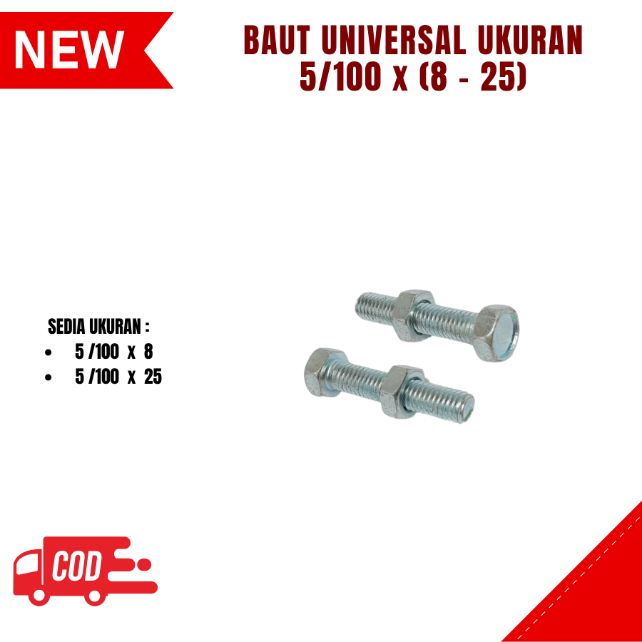 Produk Baut mur 5 mm Universal all Ukuran 5 x 8 mm, 5 x 25 mm drat 100 drat halus Bahan besi warna k