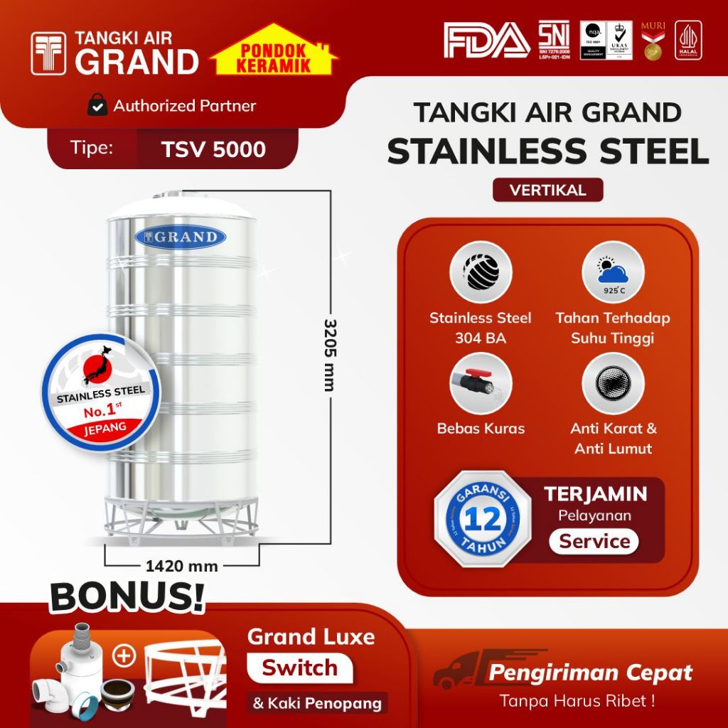 Toren Tandon Air Tangki Stainless TedmondGrand TSV 5000 Anti Lumut & Sertifikasi Halal Pertama di In