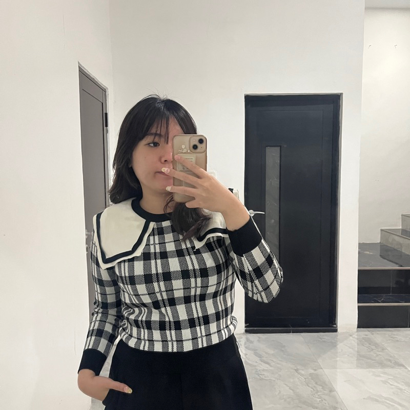 Checkered Sailor Collar Korean Knit Blouse - Korean Top Blouse Black White