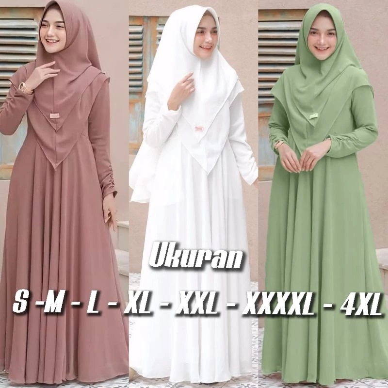 KHANSA - Baju Gamis Dress Syari Busui Polos Wanita Muslim Ukuran S M L Plus Free Hijab Khimar 2 Dua 