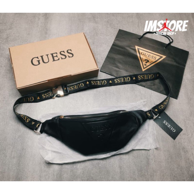 Bisa COD Waist bag GUESS Balck Gold Full set/ Waistbag pria Guess leather Gold Tas pinggang pria dan
