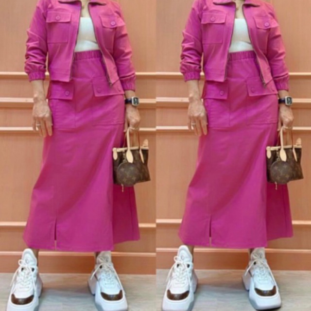 Orlin Slit OneSet Bomber Jaket dan Rok Cargo - Setelan Wanita Import Korean Style Lengan panjang Pol