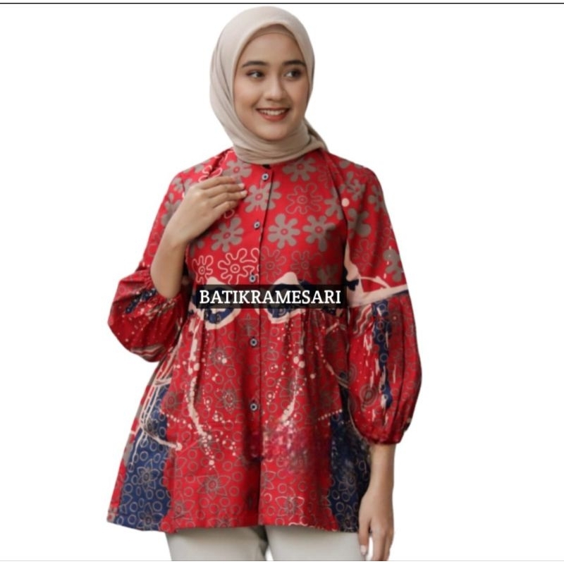 Baju Batik Wanita Blouse Batik Kerja Atasan Batik Wanita Kantor Lengan Balon Motif SAHARA Warna Mera