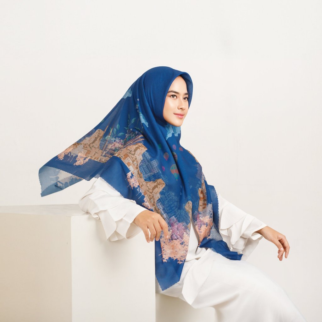 Hijab Printing Cappadocia Scarf Blue | Segi empat | Voal Premium
