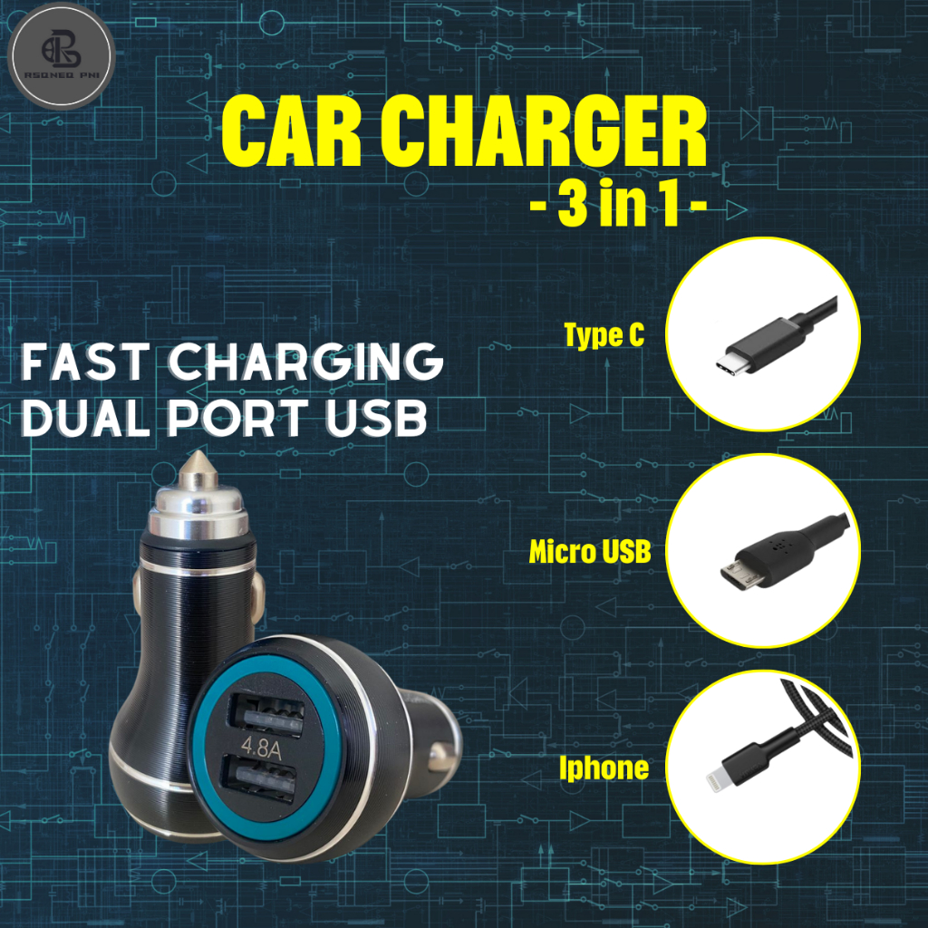 Charger Smartphone Mobil 4.8A Fast Charging 3 In 1