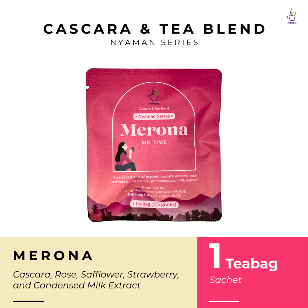 

Netisane Merona (Cascara, Rose, Safflower, Strawberry, dan Condensed Milk Extract) | Netisane Cascara Blend Nyaman Series | Artisan Tea / Teh Herbal | (isi 1 tea bag)