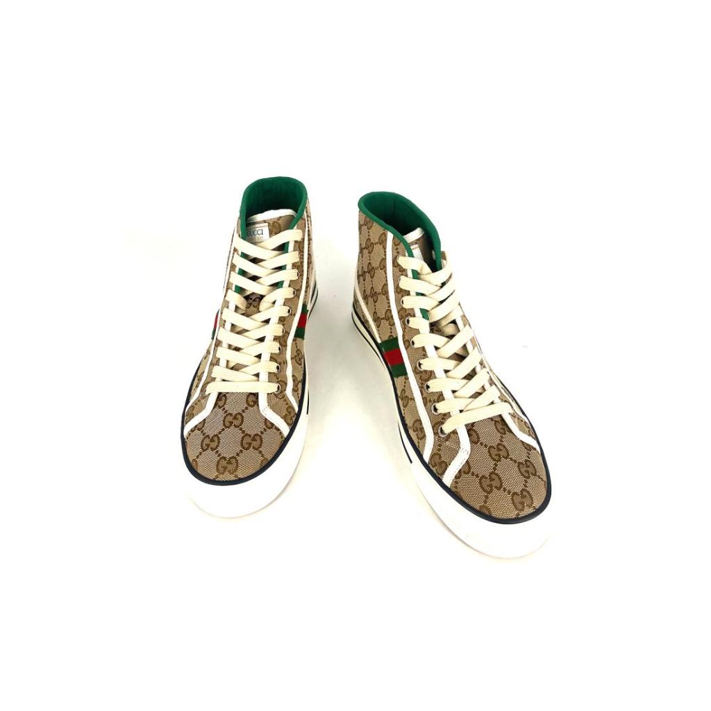 Sepatu Pria Gucci High Top Sneakers Alta Tennis List Green Beige