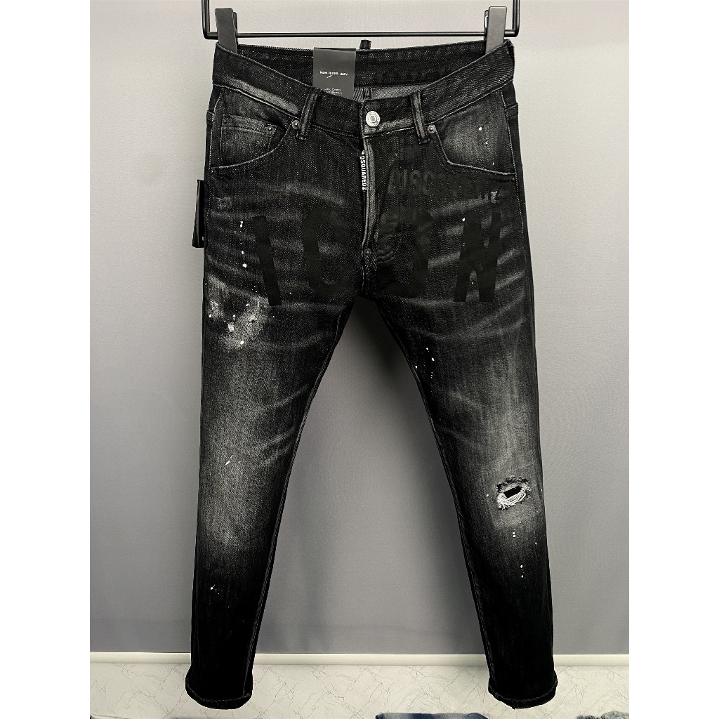 Celana Jeans Pria DSQUARED2 Asli Celana Denim Robek Slim Fit Serbaguna Sederhana Hitam Celana Ketat 