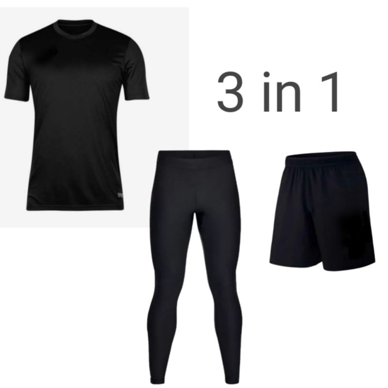 3 IN 1 - Full Set Baselayer Pendek Polos Celana Legging Panjang Dan Celana Pendek Sport Olahraga Pri
