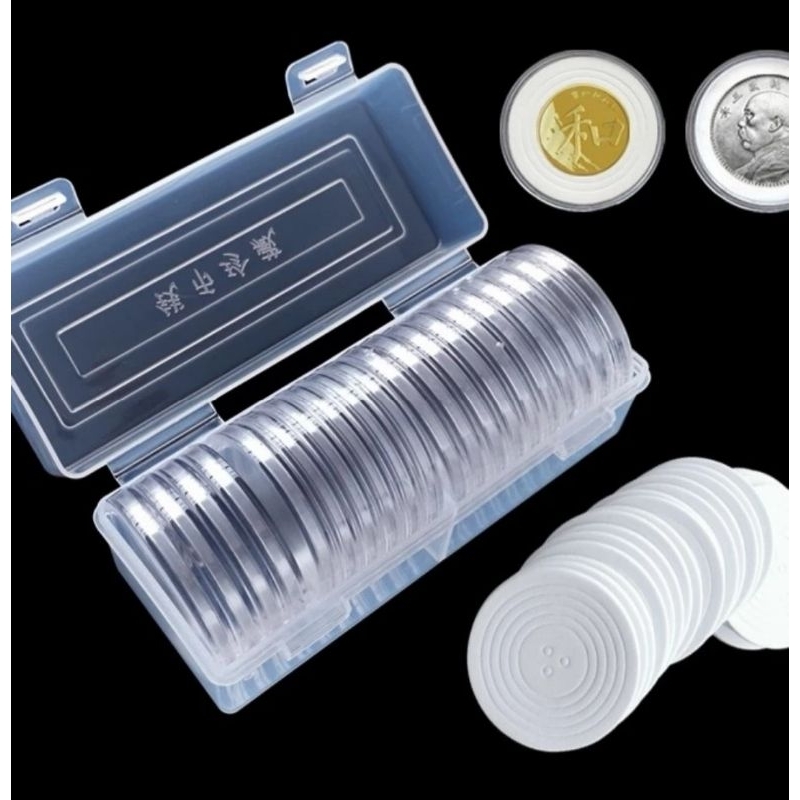 Pelindung koin Kapsul coin bulat 46 mm transparan busa box plastik
