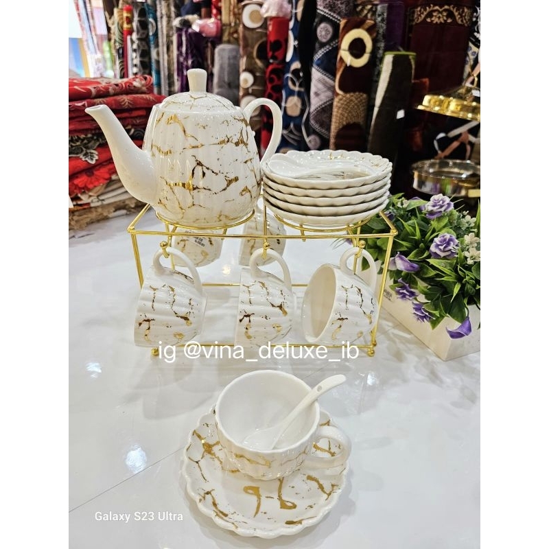 Tea Set / Cangkir Set Teko Fiorenza Marble Hitam, Putih, Hijau, LGM
