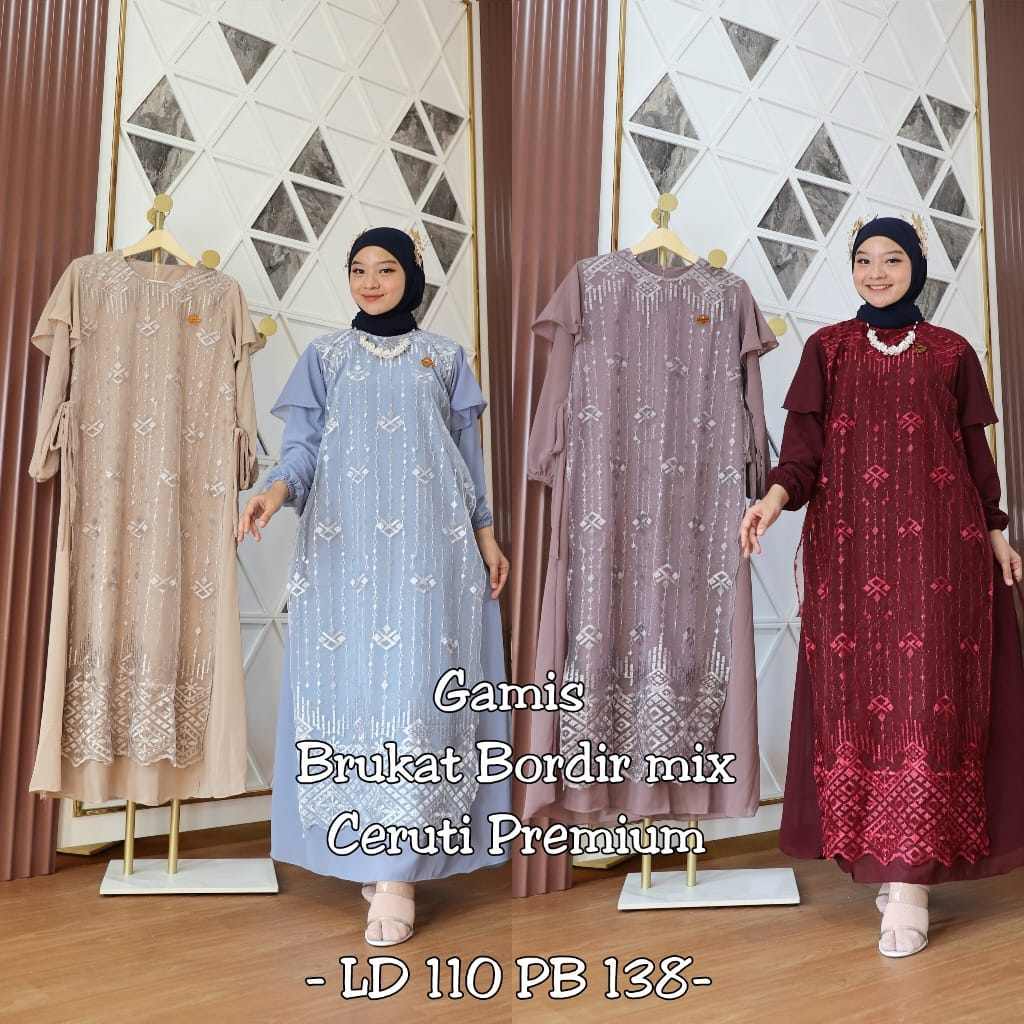 Gamis Brukat Bordir Mix Ceruty Premium/Gamis Mewah Ceruty Mix Brokat Bordir