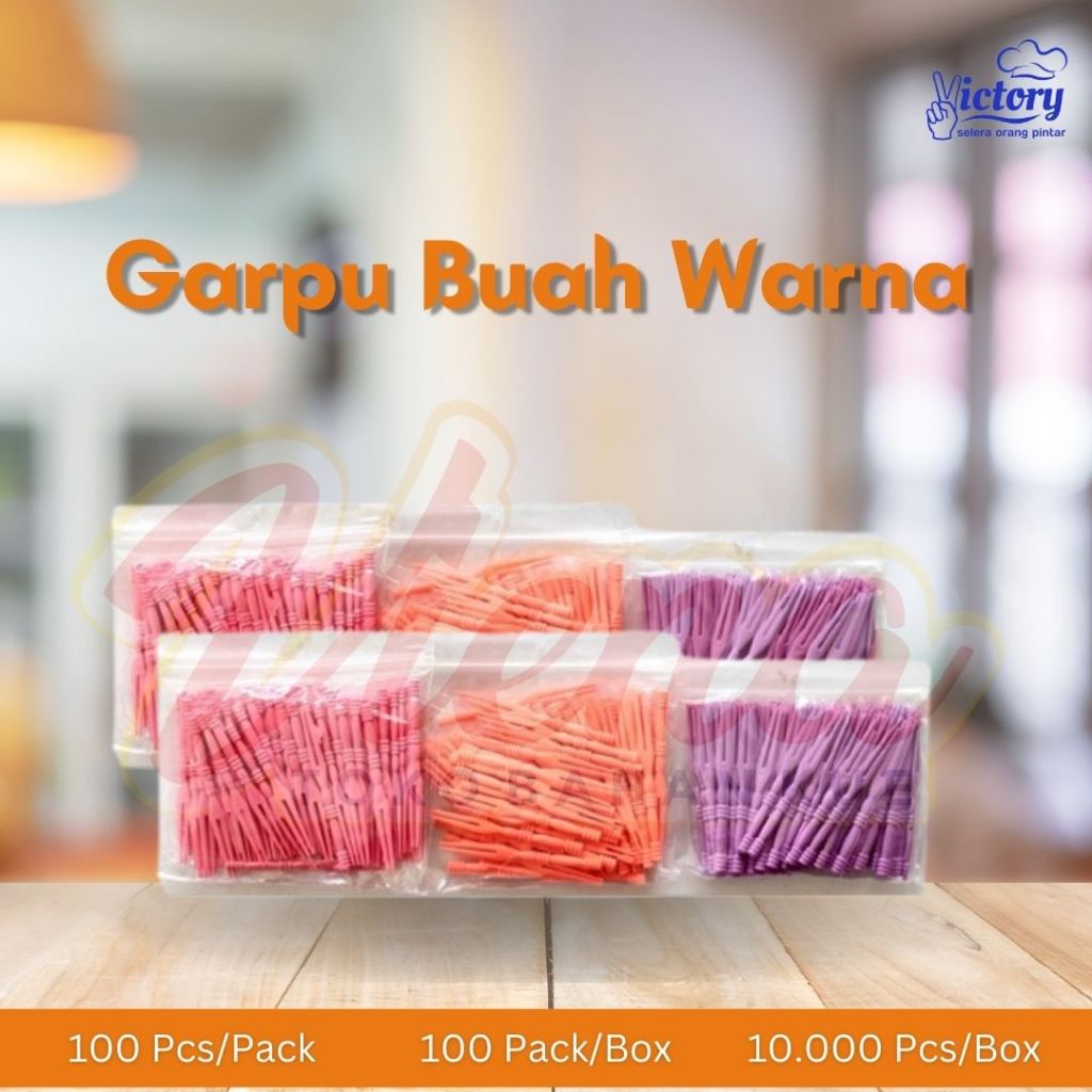Victory Garpu Buah Warna isi 100pcs / Garpu Kue / Garpu Kecil / Garpu Plastik / Garpu Roti / Tusuk B