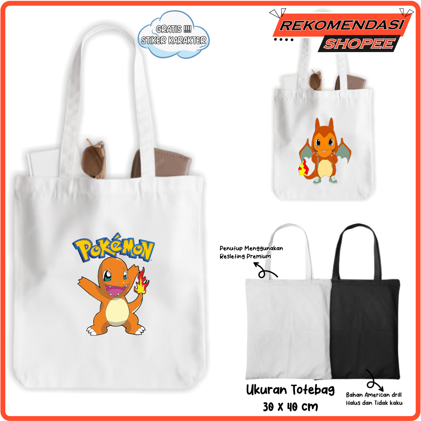 Tote Bag Tas Charmander - Pokemon Lucu Drill Wanita Goodie Bag Ulang Tahun Anak Aesthetic
