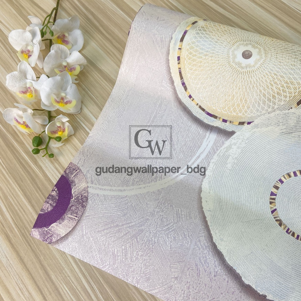 Wallpaper Vinyl Dinding Motif Bulat Mewah Warna Dasar Ungu Pastel