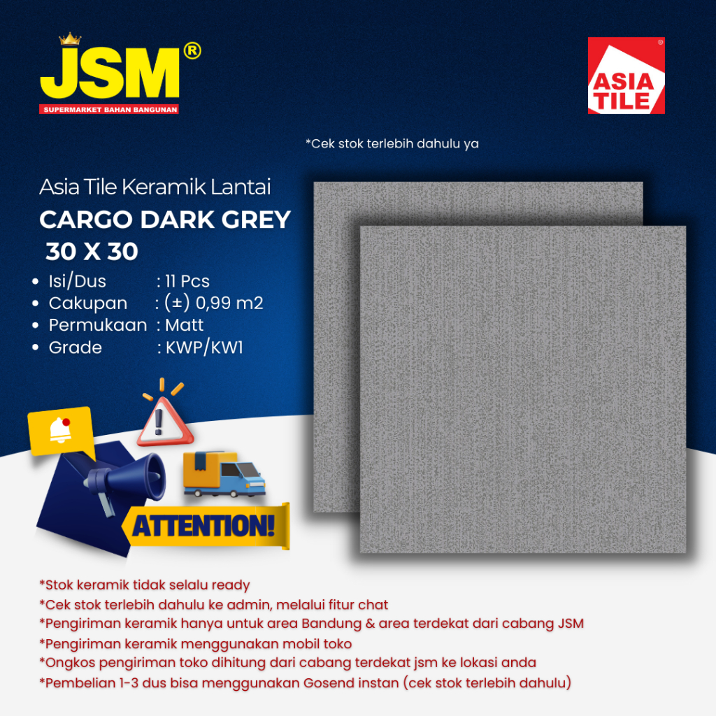 Asia Tile Keramik Lantai Cargo Dark Grey Matt 30x30 - JSM Supermarket Bahan Bangunan