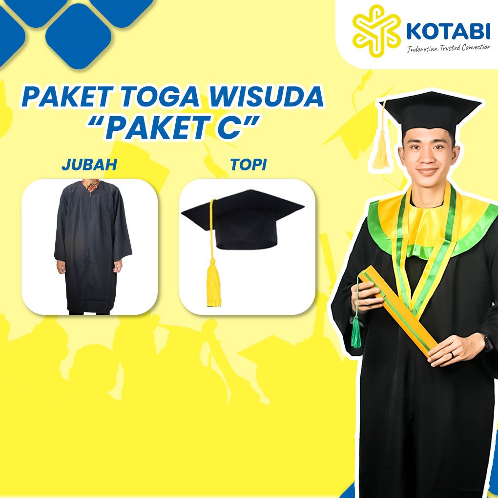 Paket Toga Wisuda Dewasa Satuan Paket Perlengkapan Wisuda Kuning Lis Hijau, Jubah, Topi