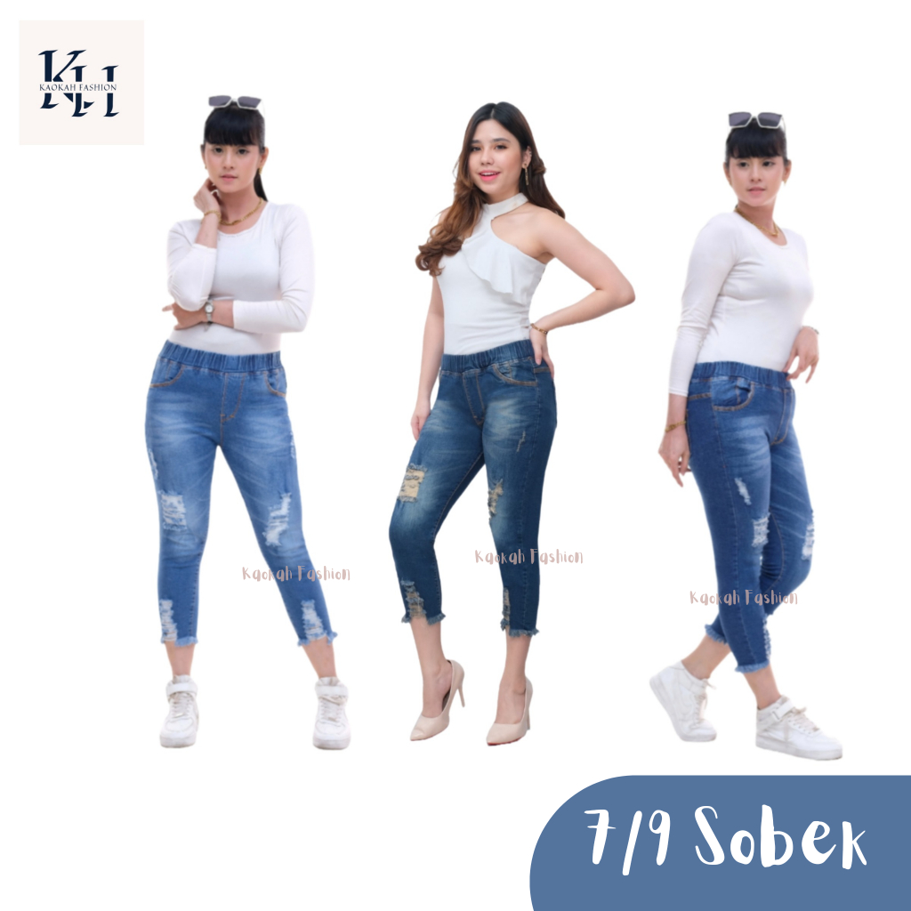 Celana 7/9 Jeans Stretch Pinggang Karet // Celana 7/9 Jeans Sobek Wanita - KAOKAH