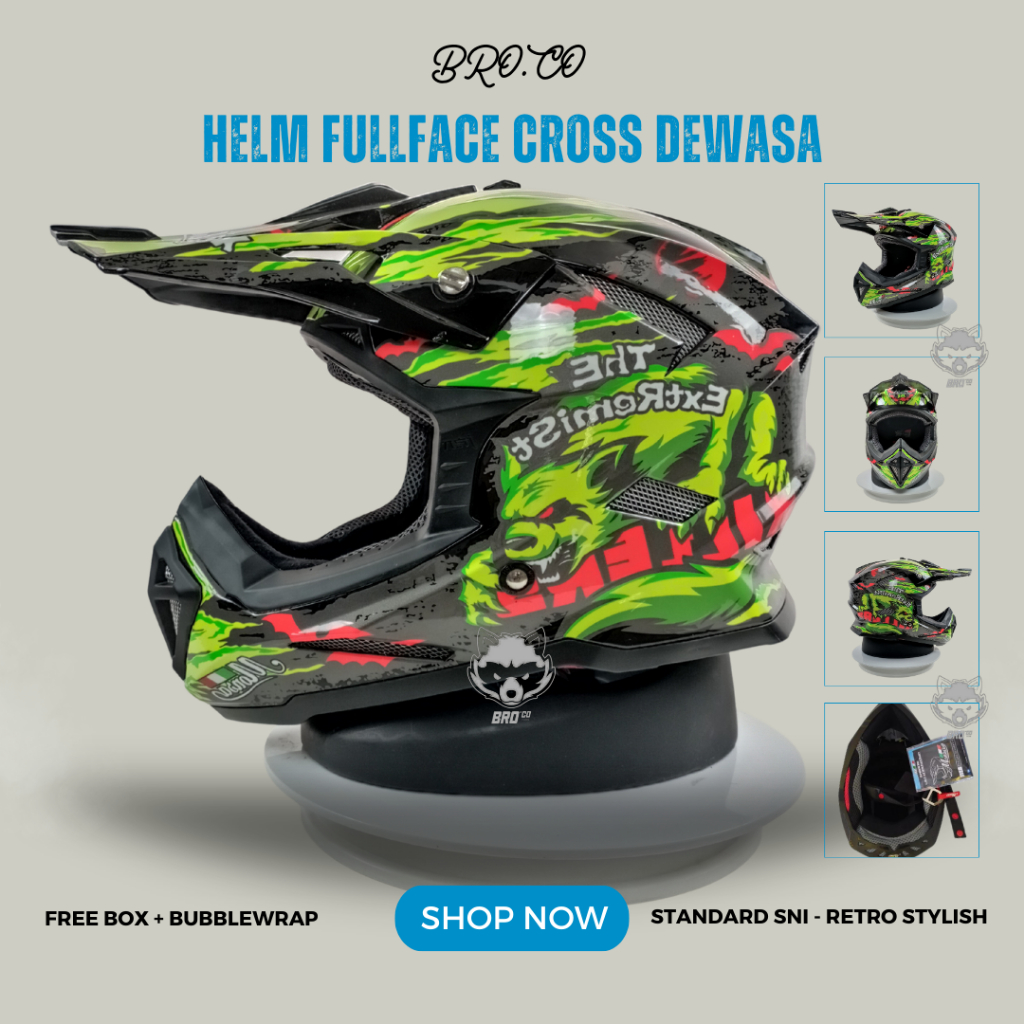 Helm Cross Branded JPN Full Face Cross Motor Trail Green The Extremist Black Glossy Solid Hitam Meng