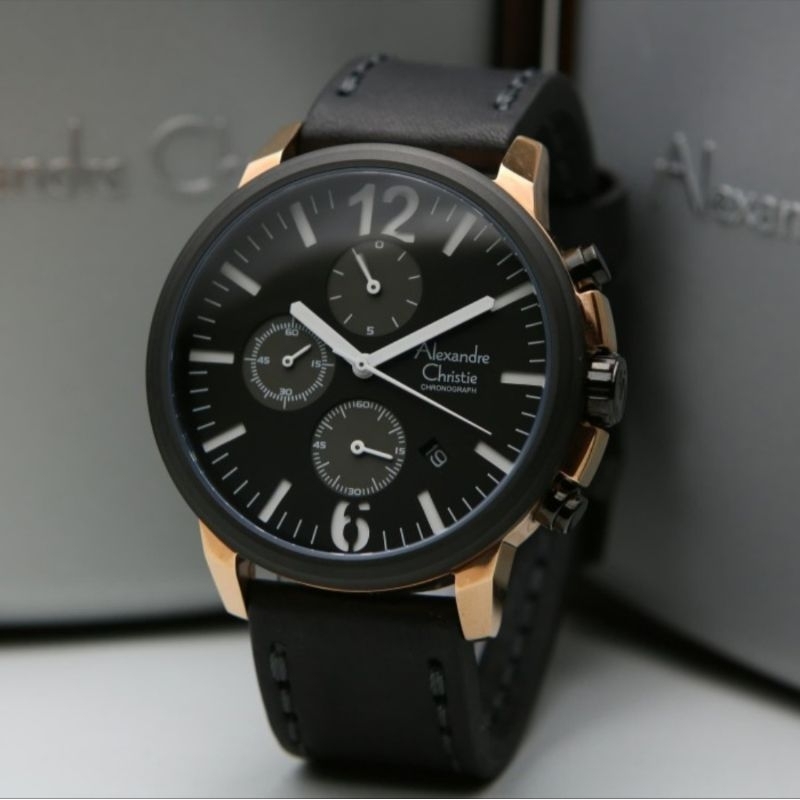 JAM TANGAN PRIA - LAKI - COWOK ALEXANDRE CHRISTIE AC 6267 LEATHER BLACK HITAM ROSE GOLD ORIGINAL