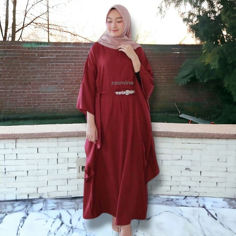 Baju Gamis Wanita Remaja Kekinian Seli Kaftan Motif Polos Tali pinggang Model Terbaru Lebaran 2024