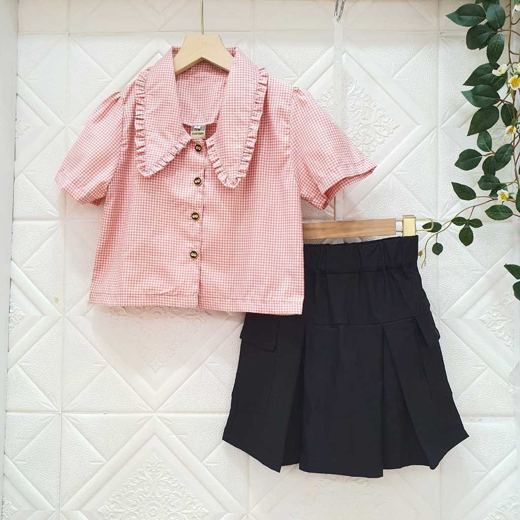 Setelan Katun Kemeja + Celana Anak Perempuan Kotak-Kotak Import