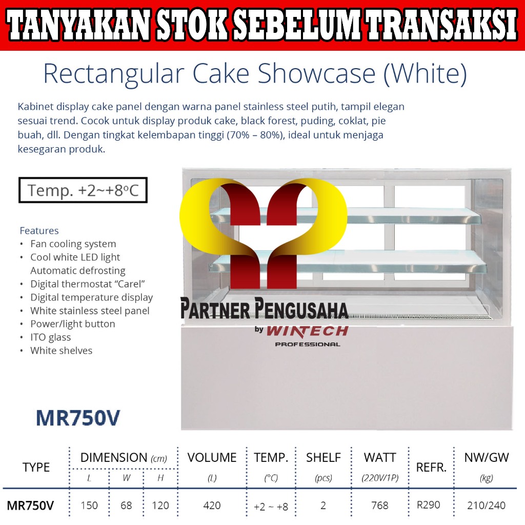 Gea MR750V Rectangular Cake Showcase / Pemajang & Pendingin Kue Putih