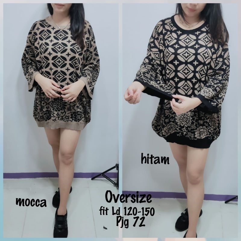 atasan rajut wanita motif bunga batik jumbo tangan terompet/blus rajut batik oversize tangan lonceng