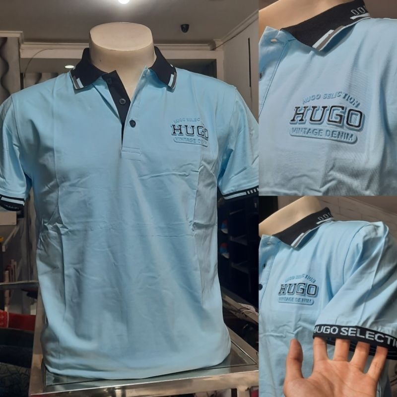 TERBARU KAOS KERAH HUGO SELECTION ☆☆ 100% ORIGINAL ☆☆ WARNA BIRU MUDA DENGAN CORAK HITAM PADA KERAH 