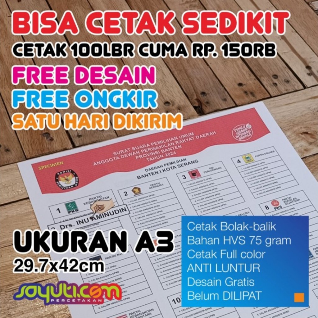 

Cetak Contoh Kertas Surat Suara Pemilu 2024 Termurah Indonesia 1000 Lembar Ukuran A3