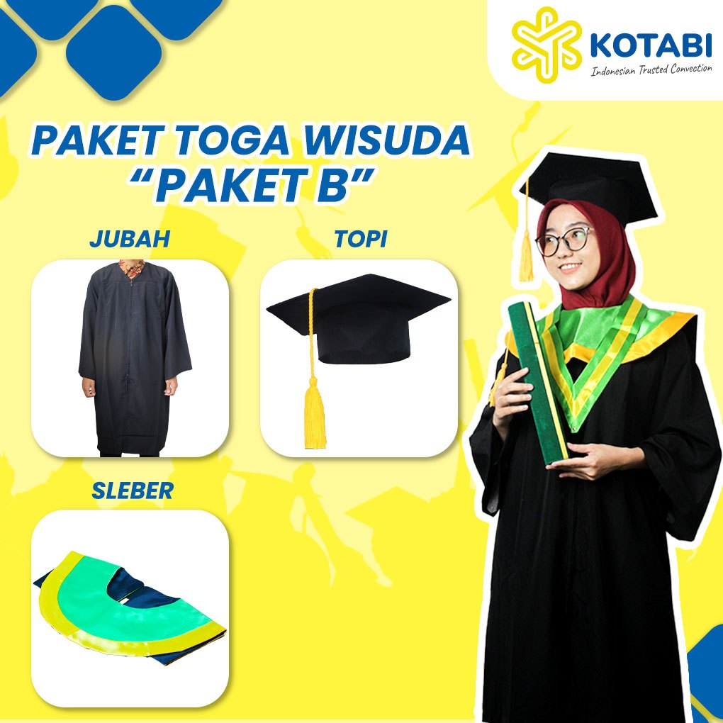 Paket Toga Wisuda Dewasa Satuan Paket Perlengkapan Wisuda Hijau Lis Kuning, Jubah, Sleber, Topi