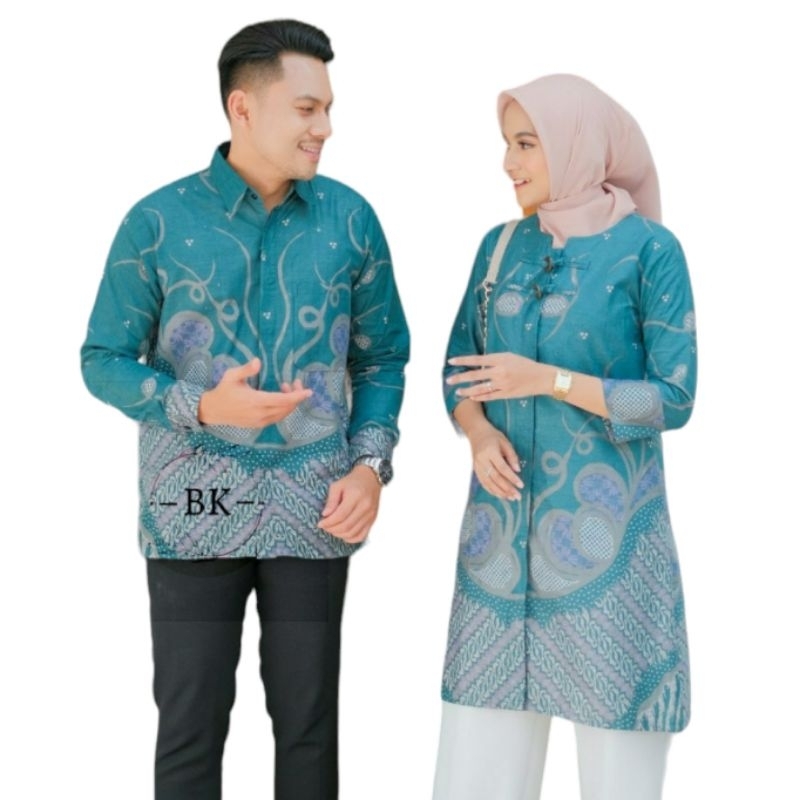 Couple Kemeja Tunik Seragam Batik Motif Akar Hijau Atasan Batik Kemeja Tunik Full Kancing Tunik Busu