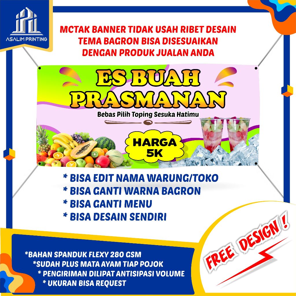 (Bisa COD) Spanduk Es Buah Prasmanan Warung Banner Jualan Backdrof Custom Baliho X Benner Makanan Se