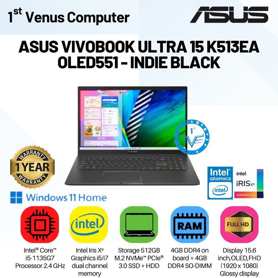 Laptop ASUS VivoBook Ultra 15 K513EA-OLED551 - Indie Black