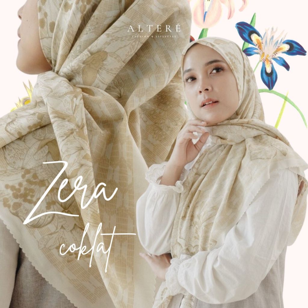 HARRAMU Jilbab Segiempat Laser Cut Motif Zera Coklat Voal Paris Premium Hijab Segi 4 Empat Kerudung 