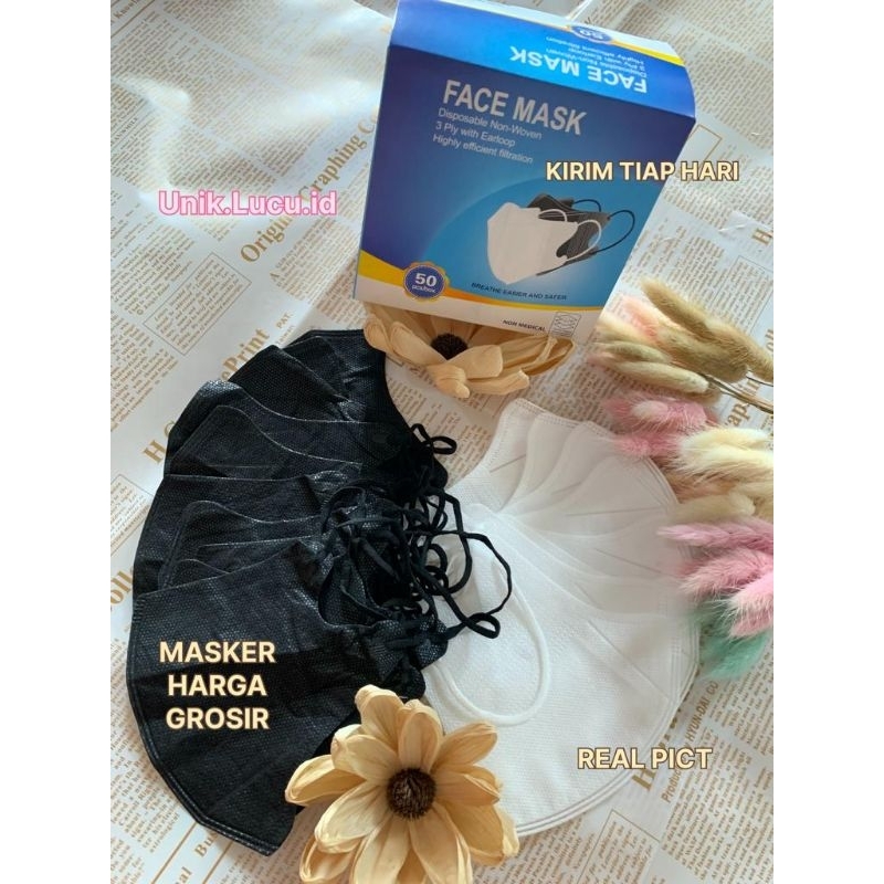 MASKER DUCKBILL FACE MASK WARNA HITAM PUTIH / 3PLY ISI 50PCS / MASKER MURAH GROSIR