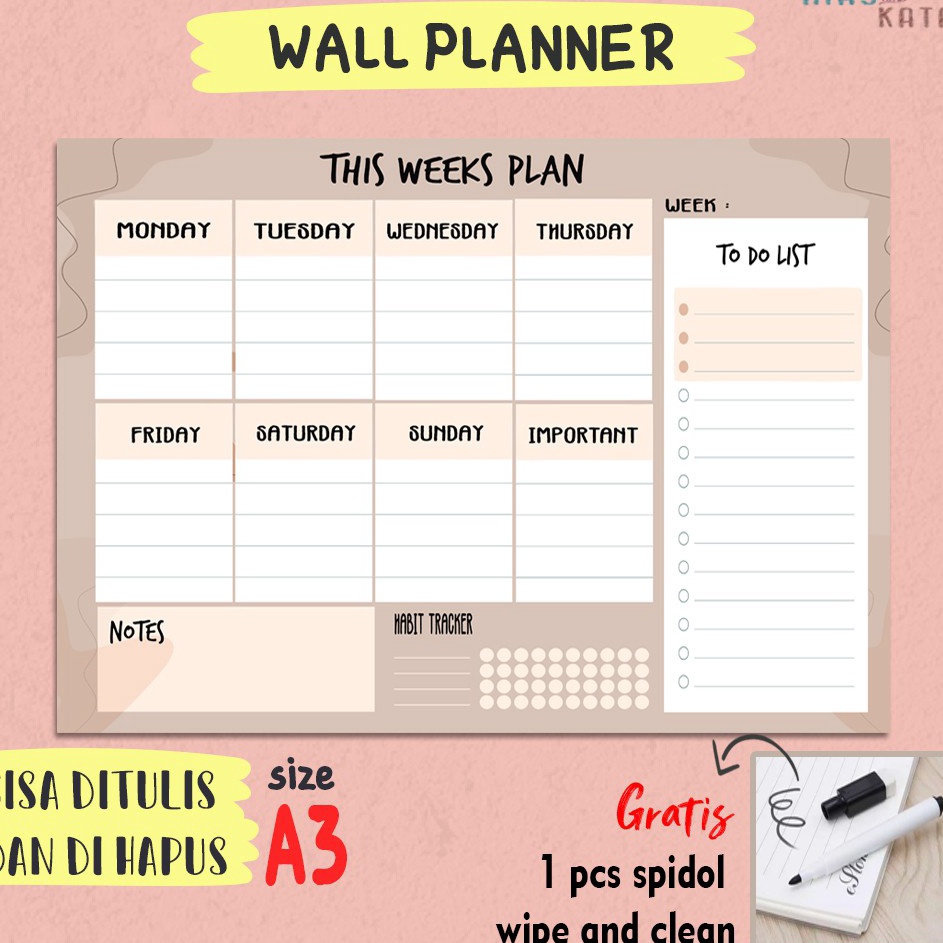 

Serba Murah Weekly Planner wall Week Plan with Habit Trackernotes to do list size A3