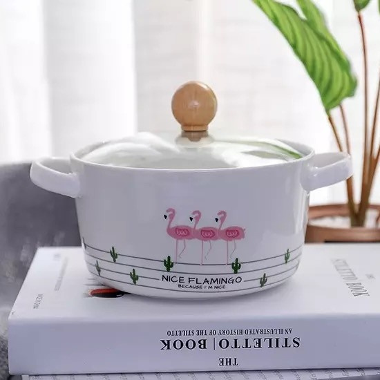 READY Mangkok Keramik Tutup Kaca flamingo/Ramyeon set/ kaktus/panci keramik tutup kaca/CERAMIC CASSE
