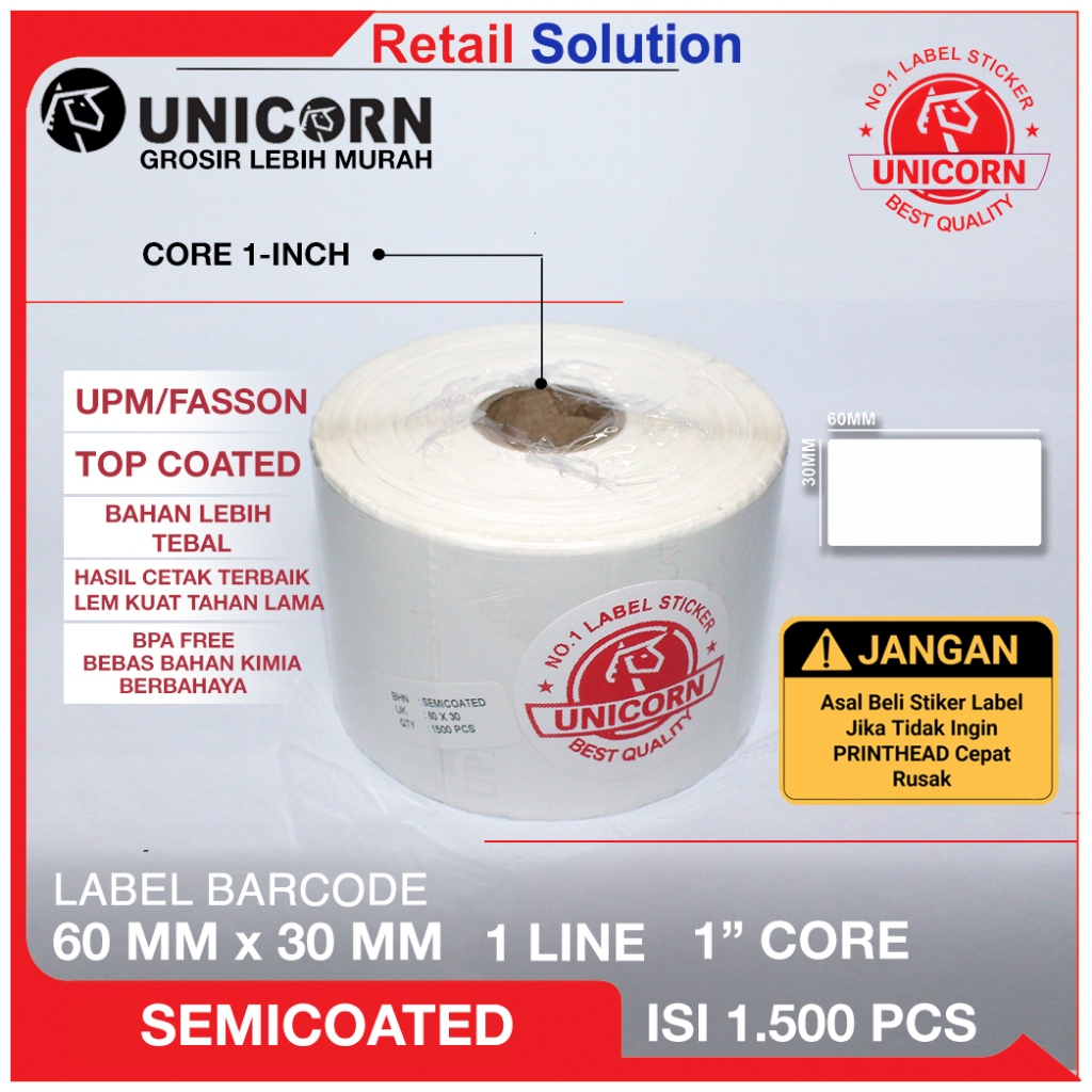 

Label Barcode Semicoat 60x30 mm / 60 x 30 mm / 60x30mm - Isi 1500