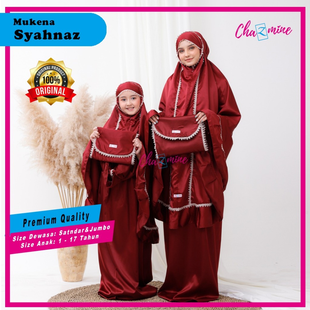 Mukena Couple Ibu Anak Syahnaz 2 Fungsi Satin Polos Renda Mukenah Ponco Resleting Dagu