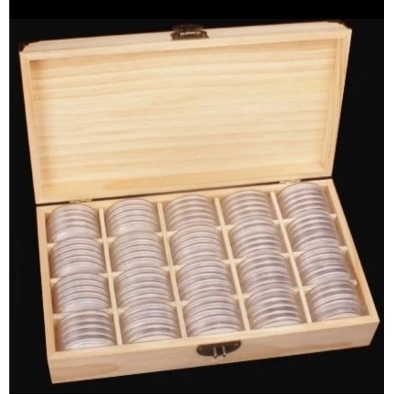 Box kayu 100 kapsul koin bulat busa bening 46mm 300 x 165 x 65 mm