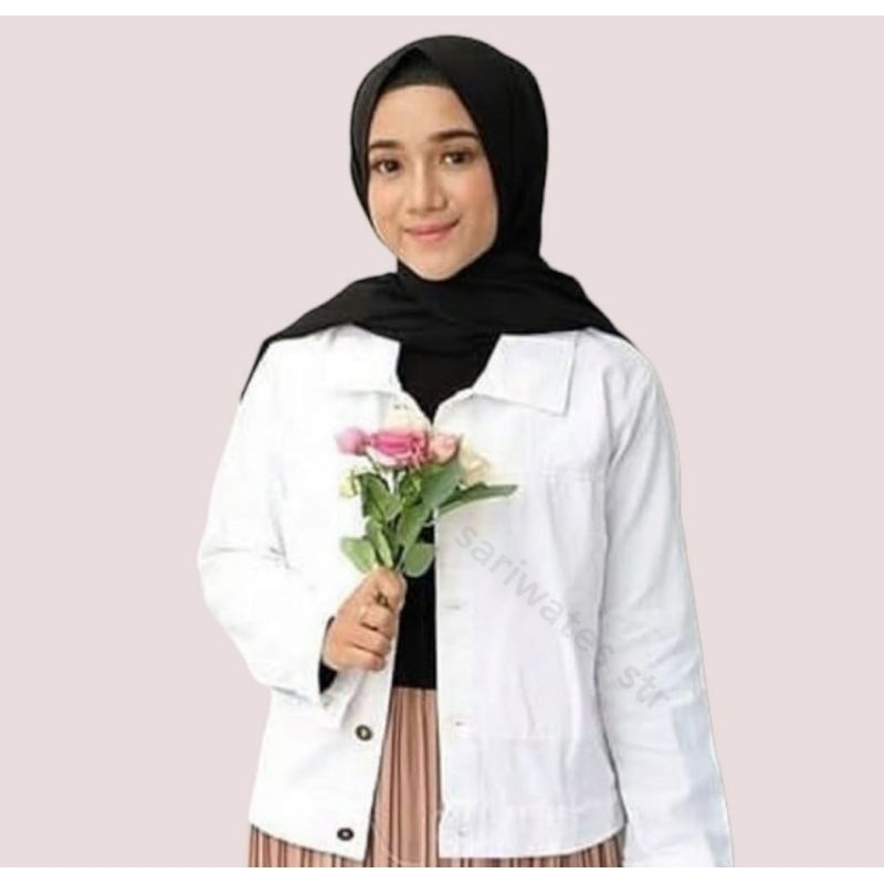 Jaket Jeans Wanita Putih Crop Jacket Denim Cewek Bodyfit White