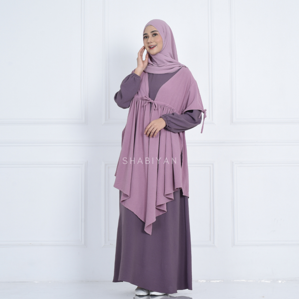 SHABIYAN 484 Gamis Set Outer Muslim Polos Kombinasi Crinkle | Halwah-Taupe