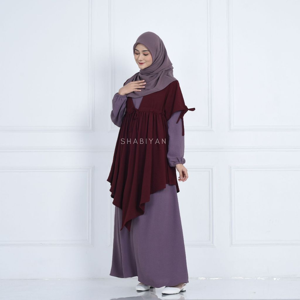 SHABIYAN 484 Gamis Set Outer Muslim Polos Kombinasi Crinkle | Halwah-3