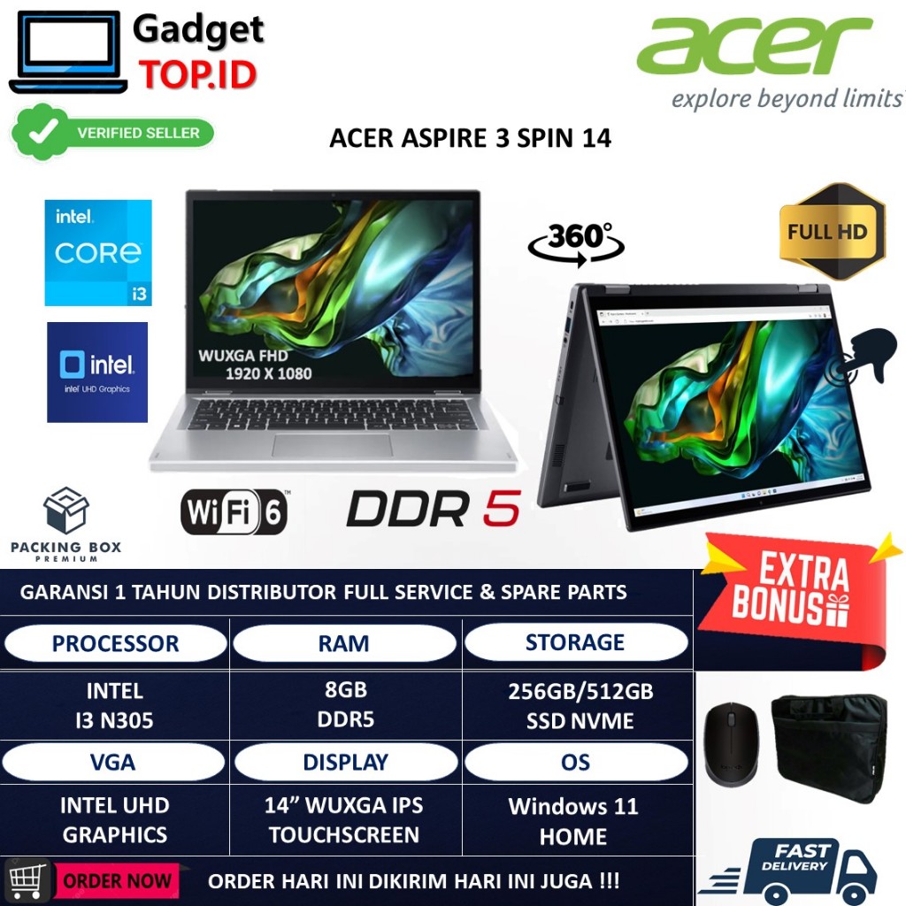 ACER ASPIRE 3 SPIN 14 INTEL CORE I3 N305 DDR5 8GB 1TB SSD WUXGA TOUCHSCREEN
