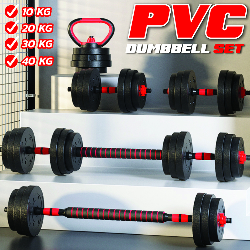 BG SPORT Set Dumbbell Barbel PVC Kettlebell 10kg 20kg 30kg 40kg Alat Fitness Gym Multifungsi Anti Sl