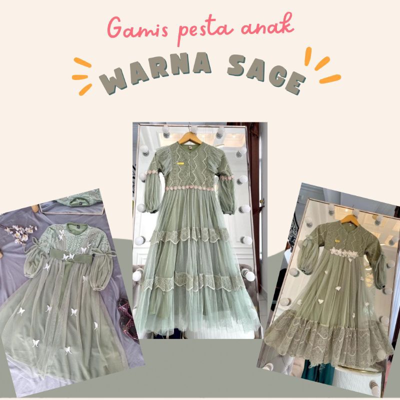 GAMIS ANAK PEREMPUAN WARNA SAGE SIZE 3-15 TAHUN BAHAN BRUKAT TILE PREMIUM/ GAMIS LEBARAN ANAK PEREMP